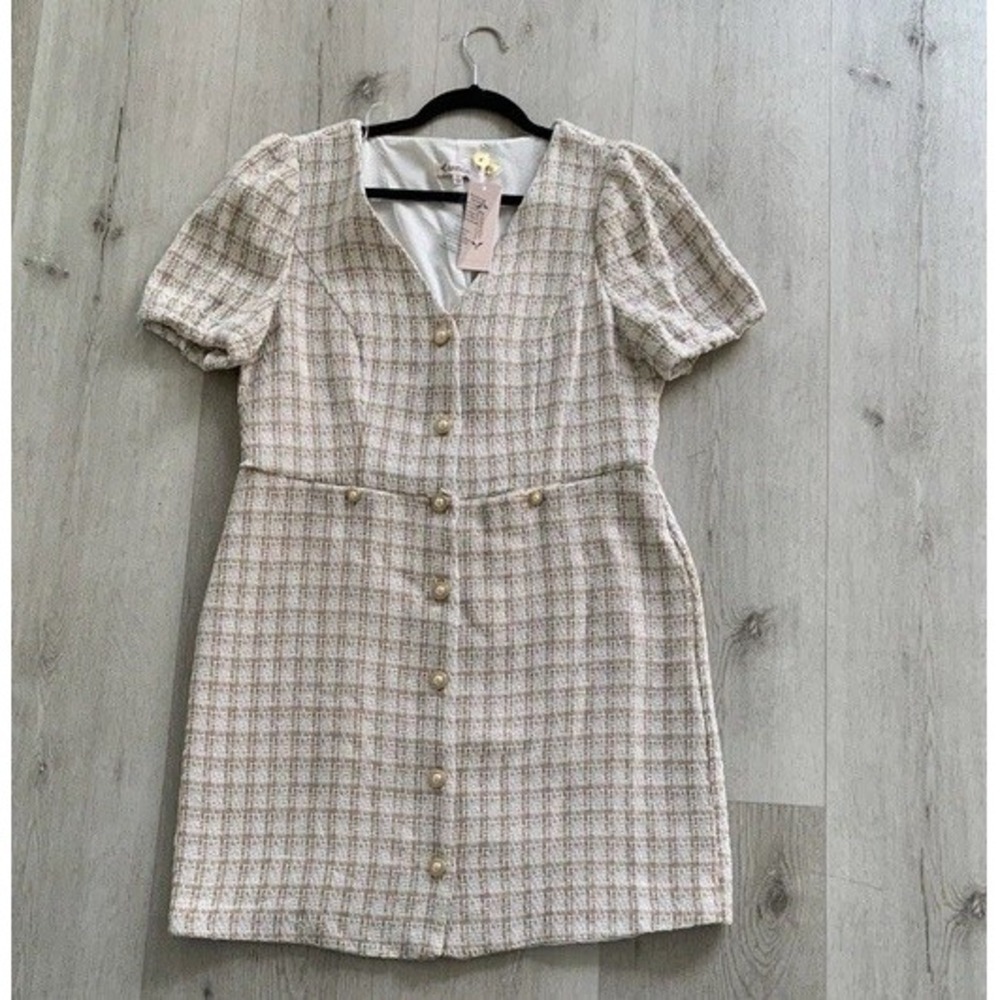 NWT Nanette Lepore tweed dress Buttons style 14 classic elegant warm sand white